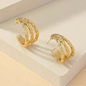 14k Gold Plate Hammered Hollow Hoop Three Layer Stud Earrings
